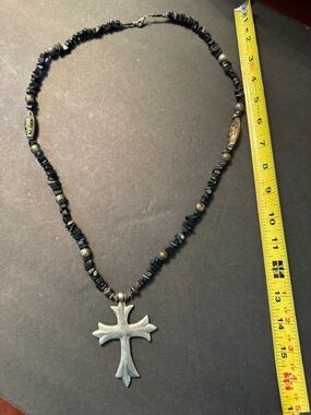 Black Beaded Cross Pendant Necklace - vintage